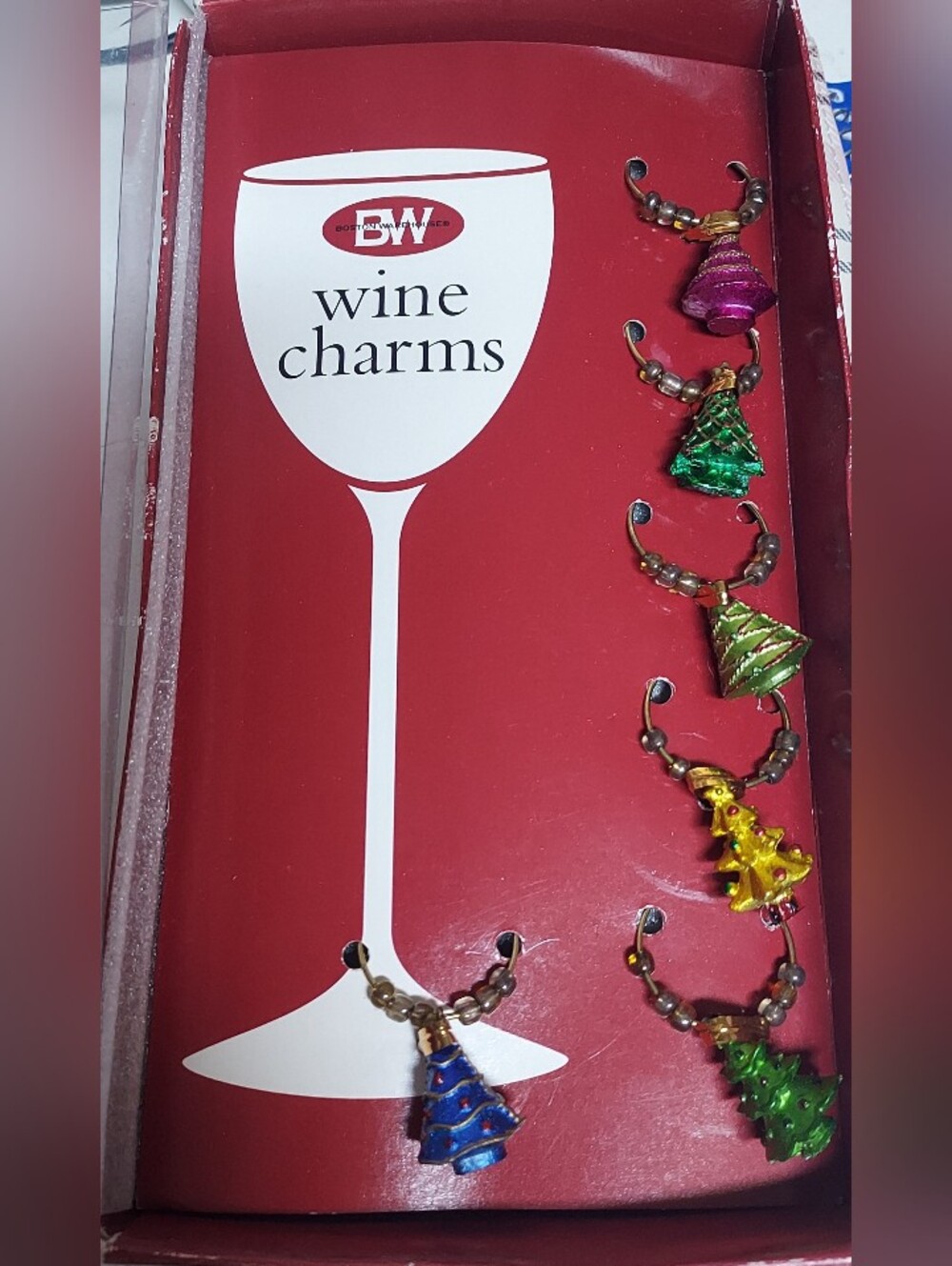 Holiday Christmas Tree Wine Glass Charms Set 6  Drink Markers Boston Warehouse